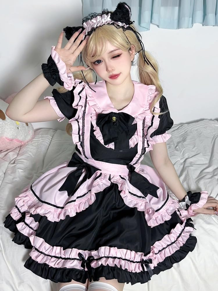 Maid Gothic Waitress Cosplay Costume with Frilled Lolita Neat and Perfect for Cafes and Amusement Short Black and Pink Ear Size [Shangki