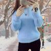 Casual Winter O-Neck Sweater In Imitate Mink Wool with Long Puff Sleeves