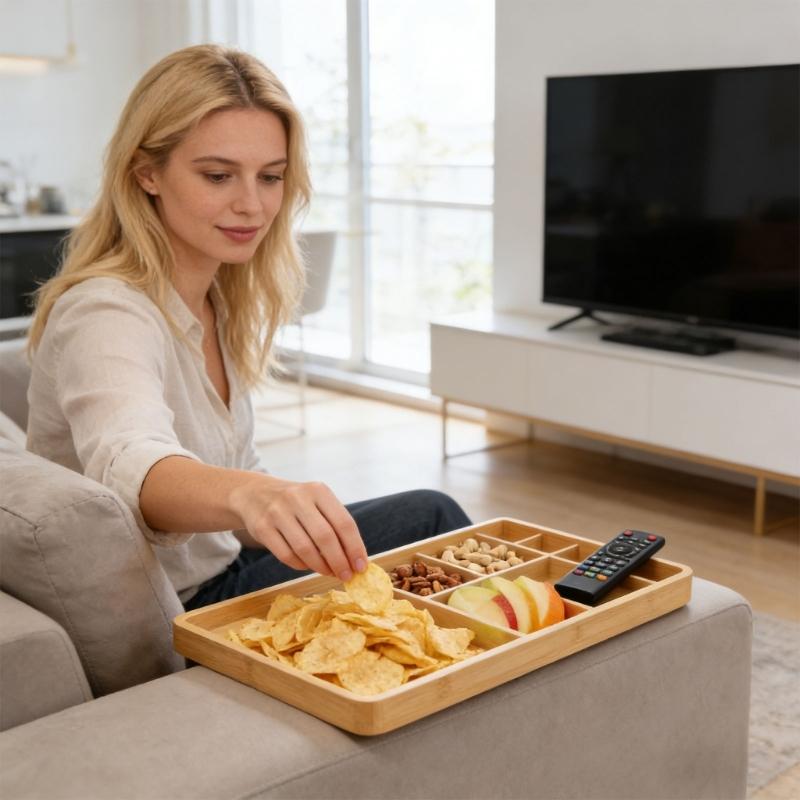 Natural Wooden Food Serving Tray Designed for Sofa Seam Organization and Easy Transportation for Family Gatherings