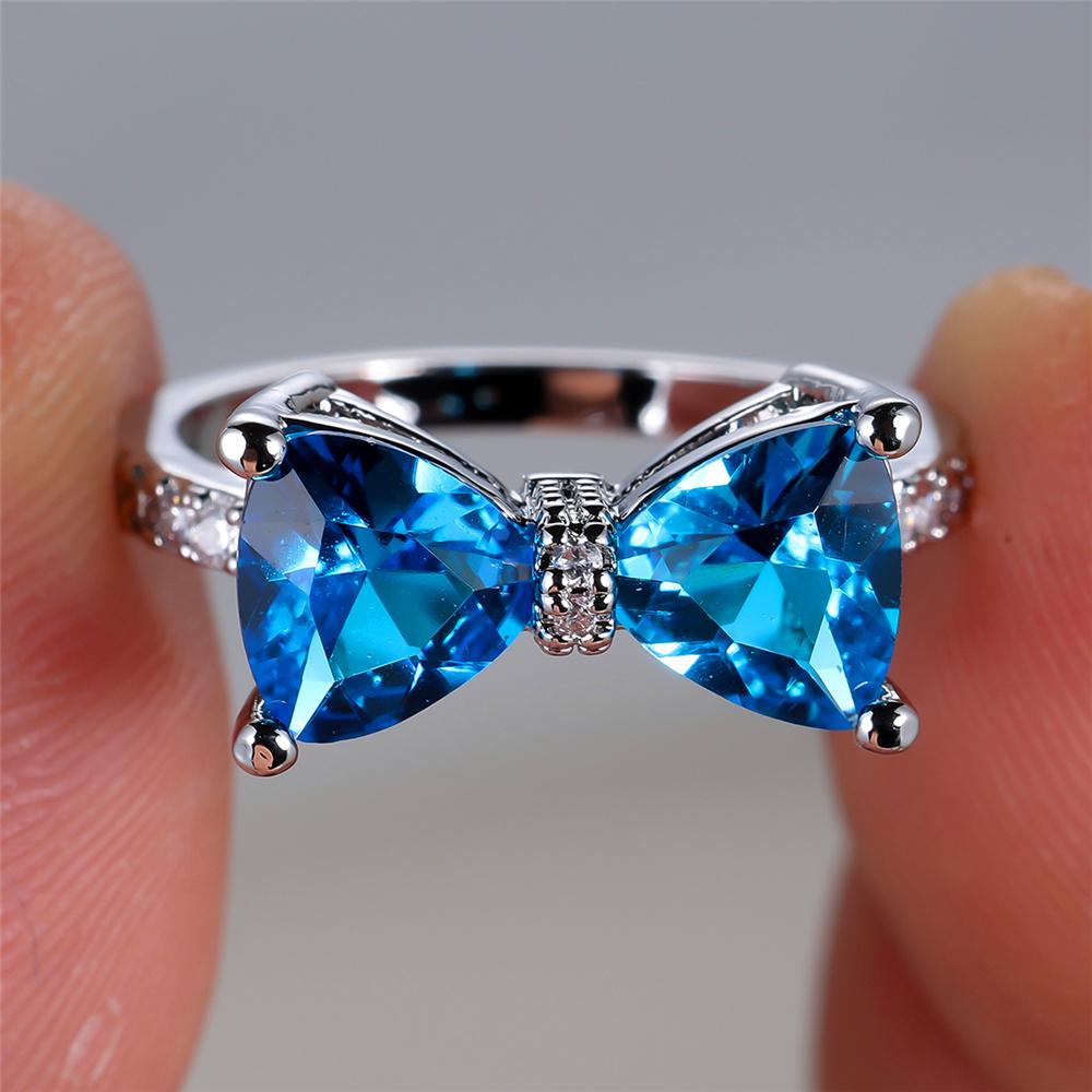 Female Cute Big Bowknot Zircon Stone Ring Color Love Engagement Rings For Women Purple Blue Red Rainbow Wedding Jewelry