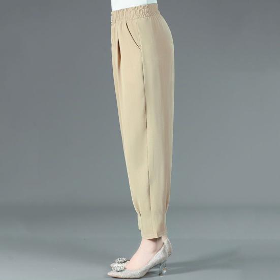 Women Summer Harem Pants Elastic High Waist Solid Color Thin Long Trousers Side Pockets Casual Pants Streetwear