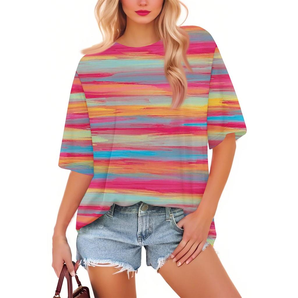 Women's Fashion Casual Gradient Color Loose Round Neck Short Sleeve Trendy Holiday T-shirt Top