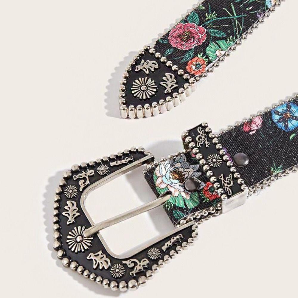 Flower Floral Belt Printed Retro Waistband Personality PU Leather Waistband  Party