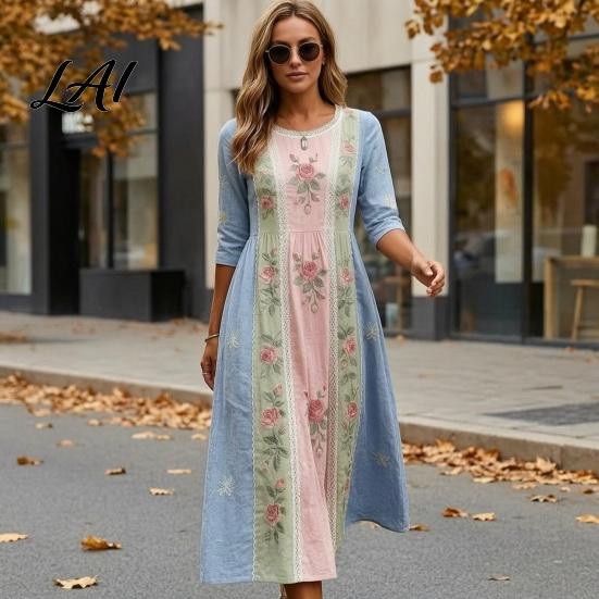 Elegant Daily Commuter Dresses Long Sleeve Floral Dress Women Cottagecore Waist Cinching Office Work for Autumn Midi Dress Vacation Street Party Date