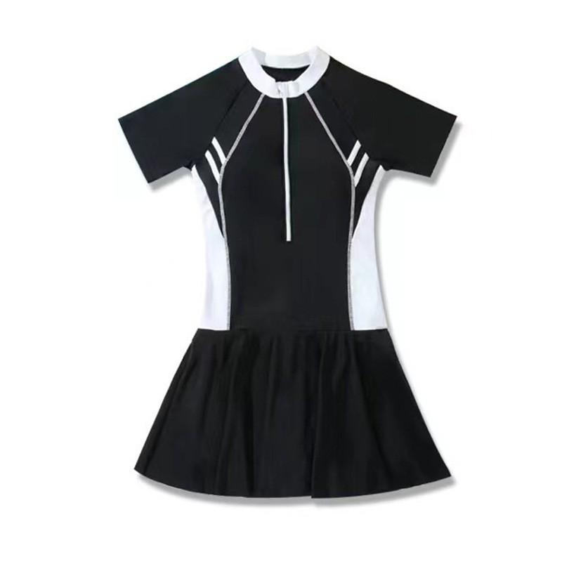 Womens Modest One-Piece Swimsuit With Short Sleeves Half-Zip Front Ruched Waist Flared Hem In Colorblock Design