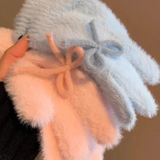 Yousheng Women Fuzzy Thermal Gloves Fluffy Winter Thick Full Finger Gloves with Bows Solid Color Cute Warm Plush Gloves for Girls Cycling Daily