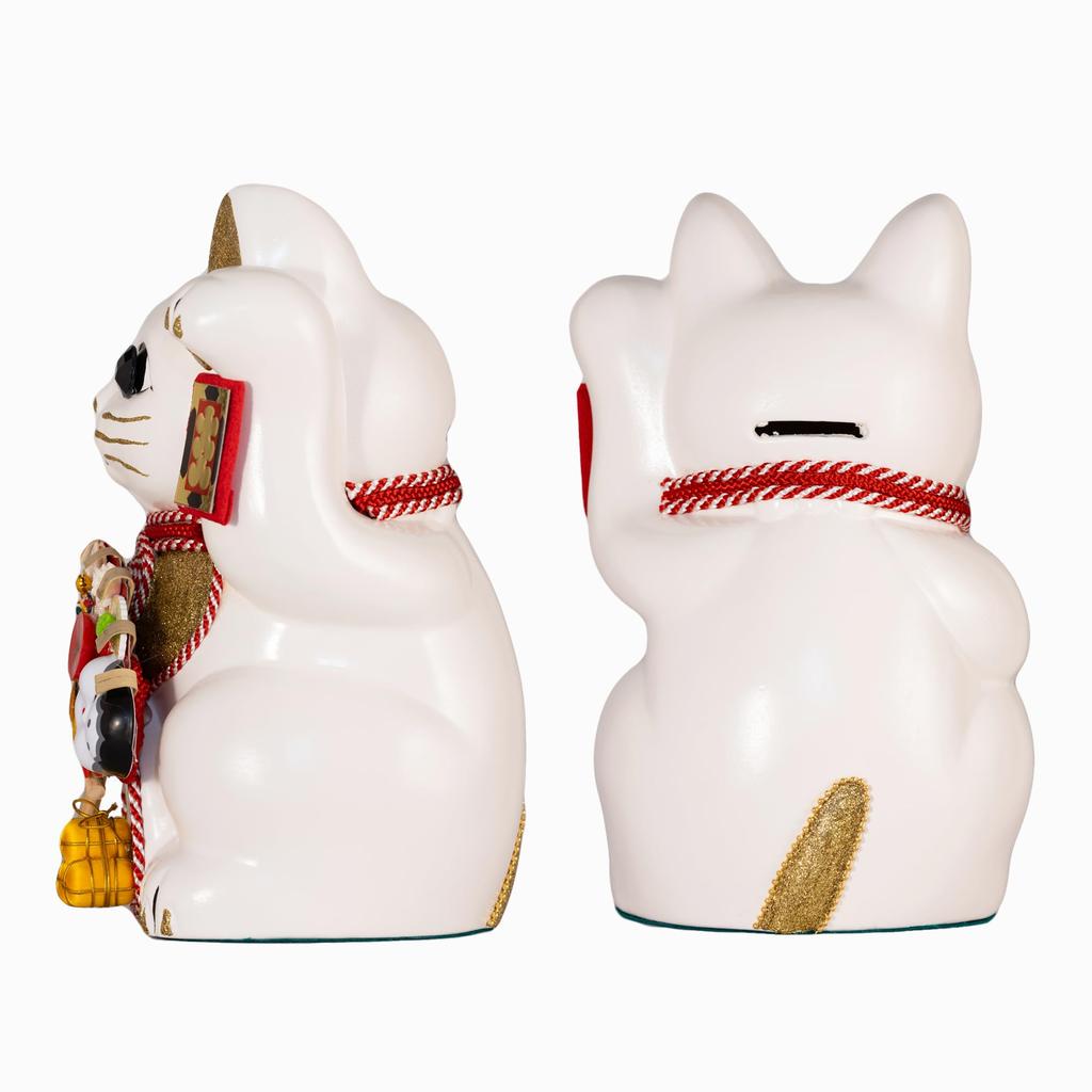 Счастливый кот Ацуме Левосторонний кот Счастливый кот Манеки Кот Счастливый фэн-шуй Орнамент Коробка для пожертвований Белый (L-SIZE Белый) Поднятый/Керамический_Lucky (fa_L