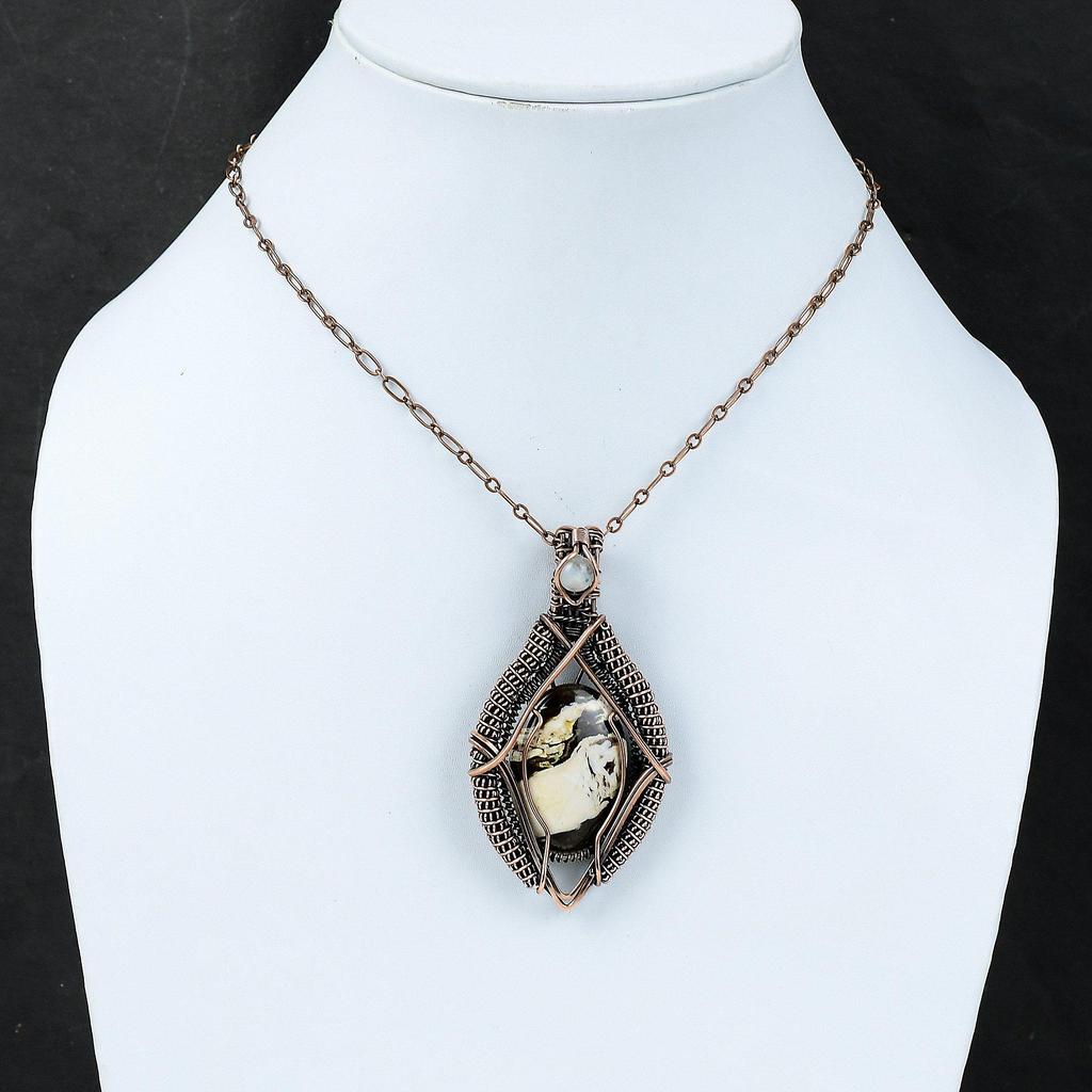 Peanut Wood Jasper Copper Wire Wrapped Pendant Rainbow Moonstone Pendant Gemstone Jewelry Gift For Wife Copper Wire Jewelry Handmade Pendant