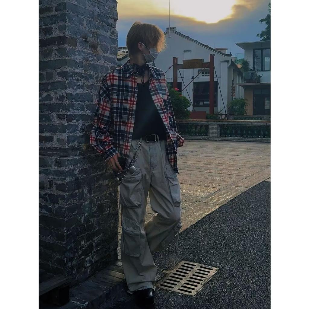 2024 Клетчатая рубашка с длинным рукавом в японском стиле Гонконга Ins Свободная рубашка для мальчиков Летнее модное универсальное повседневное пальто