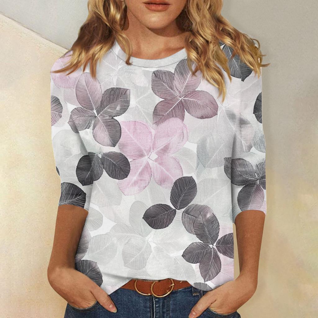 Women's Fashion Casual Round Neck 3/4 Sleeve Loose Printed T-Shirt Ladies Top