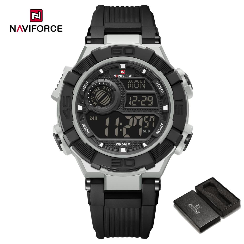 Naviforce Мужские LCD Часы Цифровой Механизм Легкий Силиконовый Ремешок 50м Водонепроницаемые Календарь Дата Будильник Ночной Рисунок Подарок Мальчику Часы NF7131