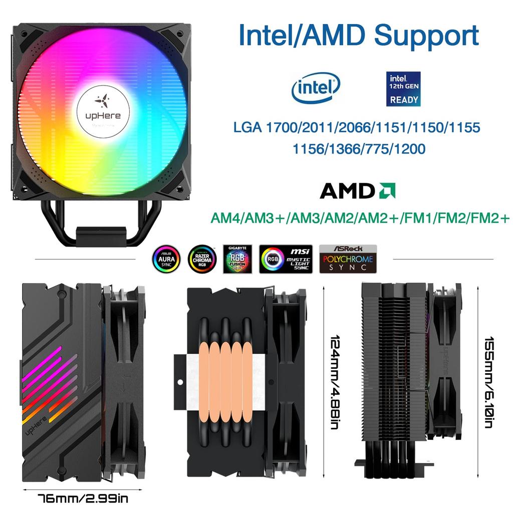 upHere CPU Cooler Side Flow Type LGA1700 Compatible High Performance ARGB PWM Fan Adopted AURA Sync 5V 3PIN RGB 6 Hit Pipes AM4 Compatible Black