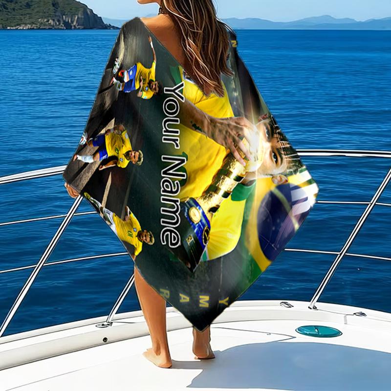1pc Brazilian football player Beach Towel with Custom Name, Beach and Seaside Swimming Pool Equipment, Fashion Pattern, Rectangular, Travel Essential