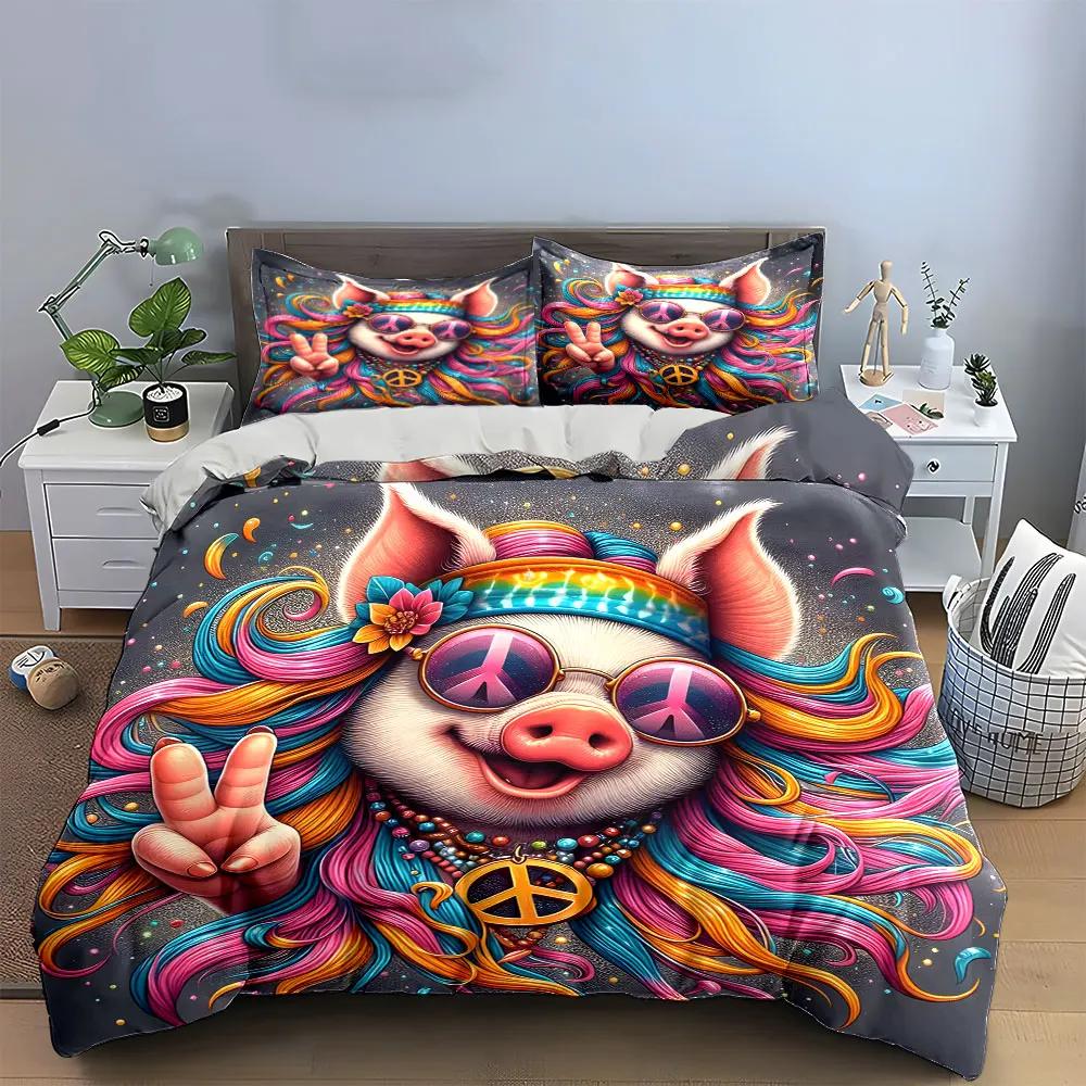 "Colorful Pig Hippie Decor Set" Soft Comfortable Duvet Cover Bedding Set Included 1*Duvet Cover & 2*Pillowcases, gift