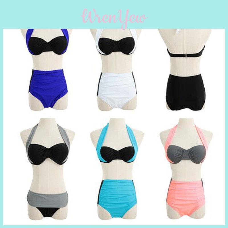 Women Bikini Set Contrast Block Halter Top High Waist Bottom Beach Swimwear