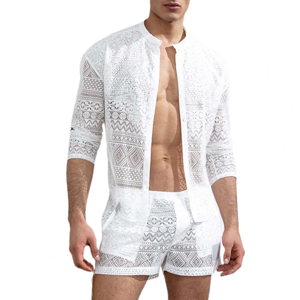 1 Set Popular Men Outfit Sexy Men Top Shorts Hollow Out See Through Crochet Shirt Shorts Single Breasted
