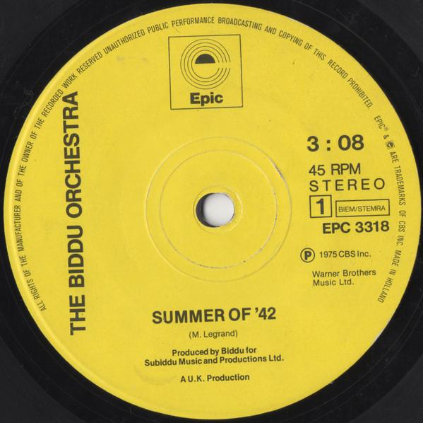 7-дюймовая пластинка BIDDU ORCHESTRA Summer Of 42 EPC3318 EPIC 1975 Нидерланды SoulFunk Б/у