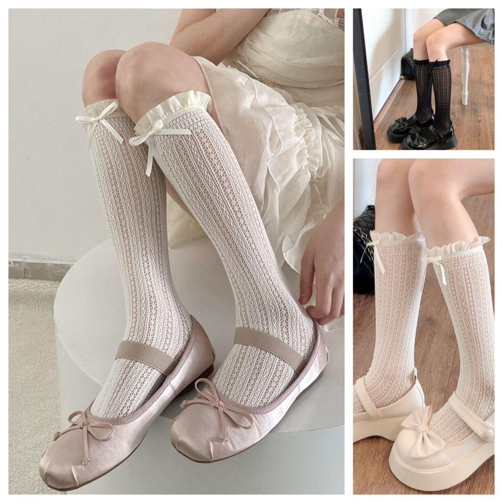 Ультратонкие Черные Кружевные Носки Y2K До Колена Японский Стиль Бант Женские Носки Девочки