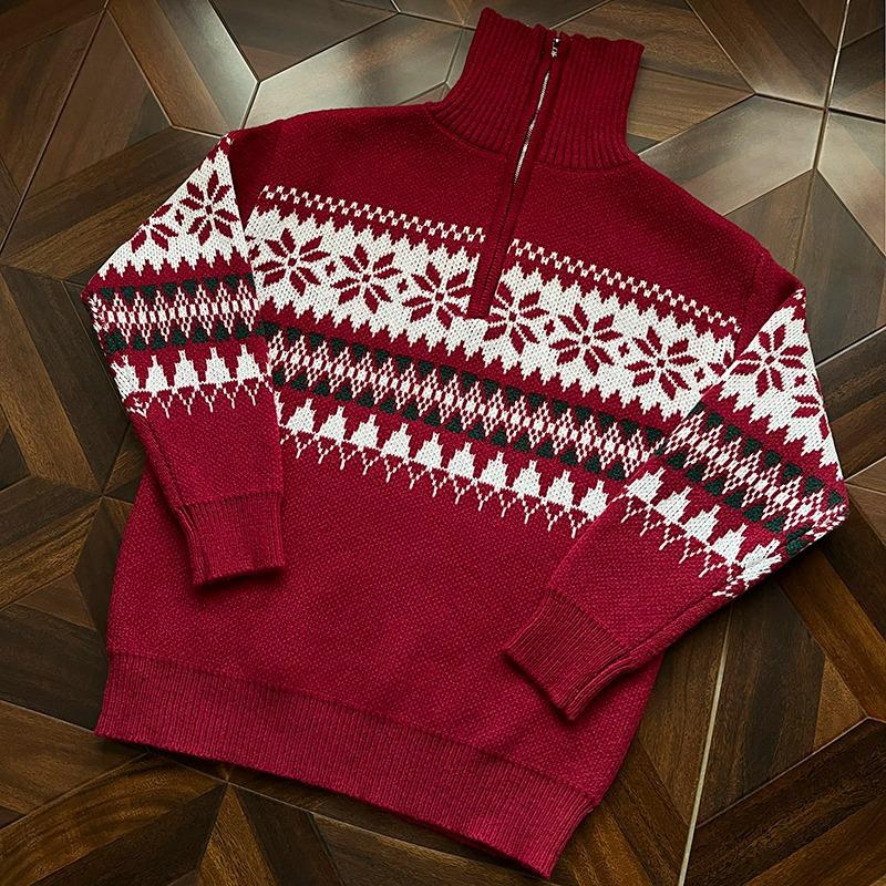 Американский пуловер с молнией до середины и узором Fair Isle, красный, для мужчин и женщин - Модный осенне-зимний вязаный кардиган с ощущением высокого качества