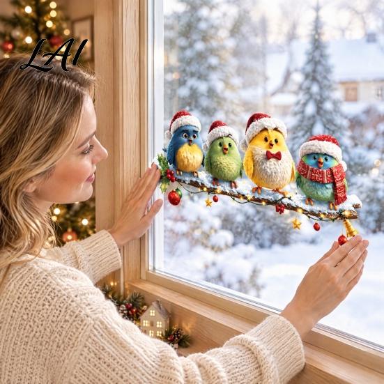 Winter Scene Stickers Christmas Bird Window Clings Colorful Static Glass Decals with Snowman for Xmas No Glue Art Party Home Decor Reusable Seasonal