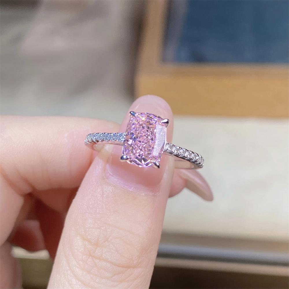 S925 Sterling Silver Pink Radiant Cut Flower Ring for Women - Cute, Sweet, INS Style.