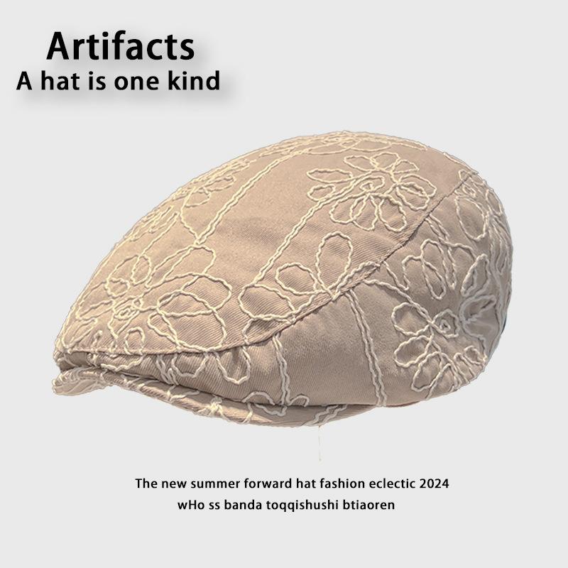 New flower embroidery forward hat children's summer big head circumference beret retro face little painter hat tide