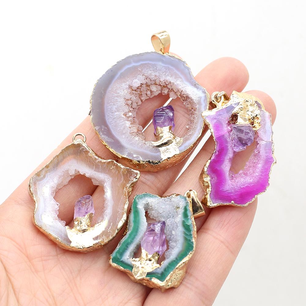 1Pc Energy Natural Agates Pendants with Amethyst, Fashion Handmade Irregular Druze Charms for Jewelry Making DIY Accessories Fit Necklaces Craft Gift