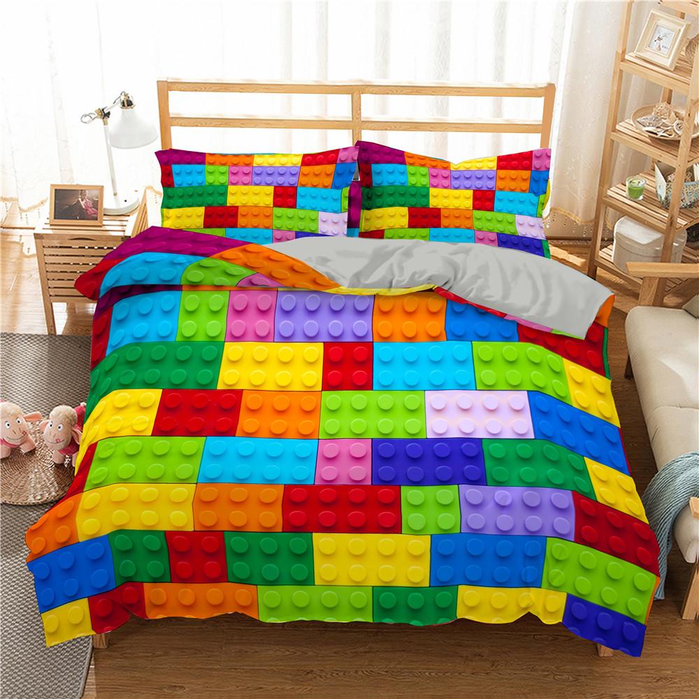 Building Block Duvet Cover Single Queen Bedding Set Colorful Toy Cubes Blocks Printed Soft Microfiber Quilt Cover for Teen Girls
