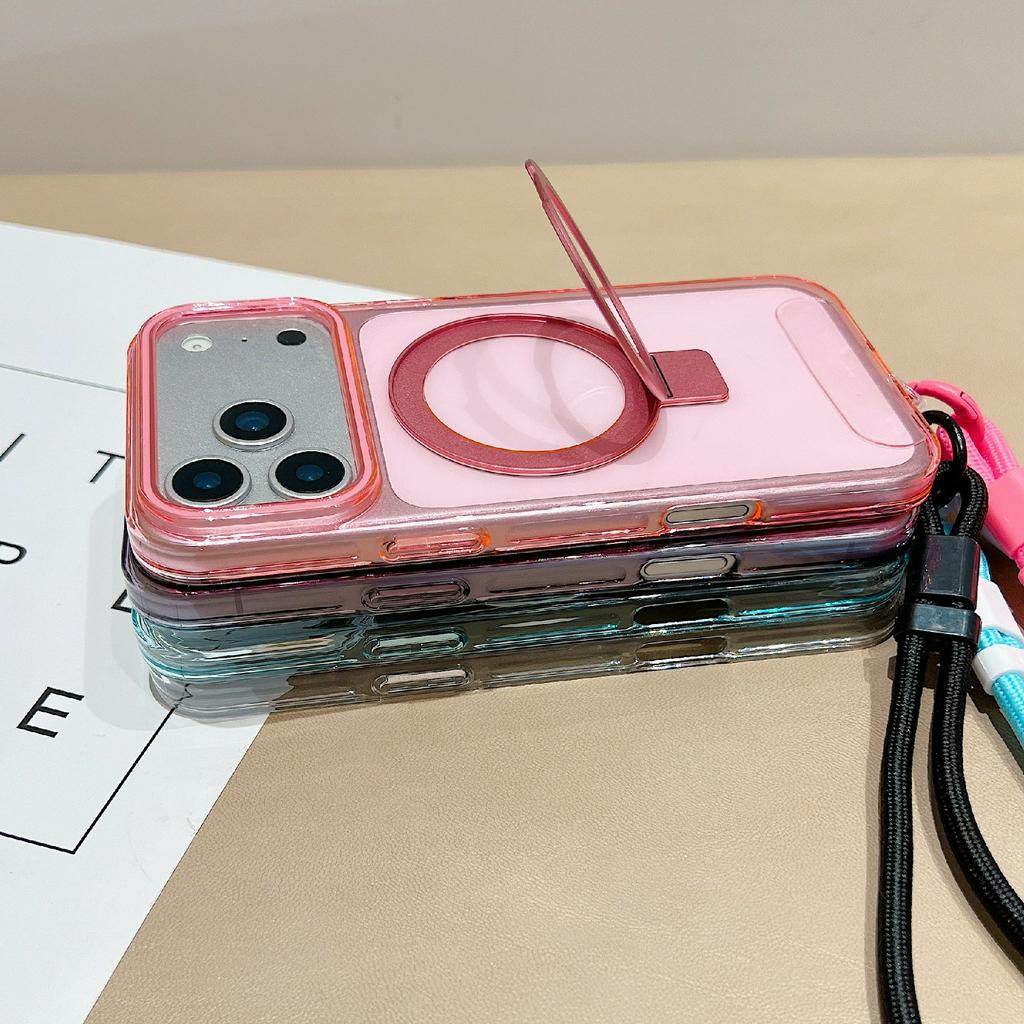 For iPhone 17 Pro Max Magnetic Case Kickstand Clear TPU Phone Back Cover with Wrist Strap