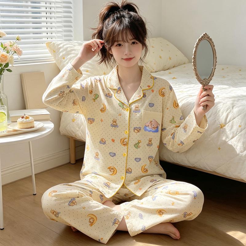Cute style rabbit pure cotton pajamas women's spring and autumn long-sleeved thin cotton student casual loungewear set