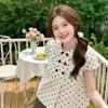 Women White Polka Dot Peter Pan Collar Short Sleeve Double Breasted Cropped Casual Blouse