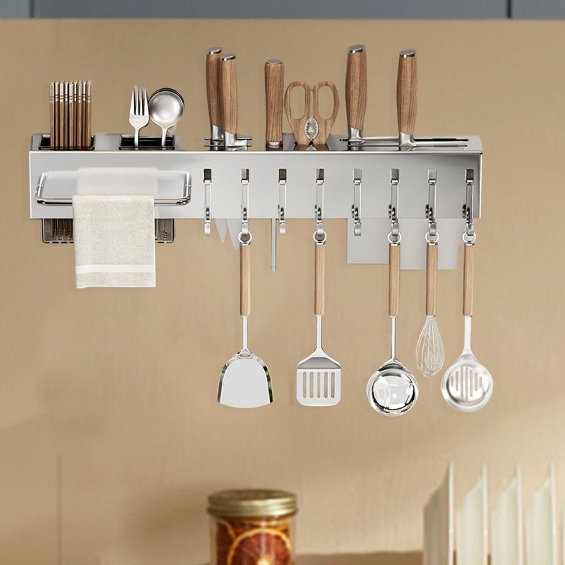 Kitchen Utensil Holder Adhesive Kitchen Rail with Hooks 50cm Kitchen Tool Holder Stainless Steel Dangling Utensil Holder for