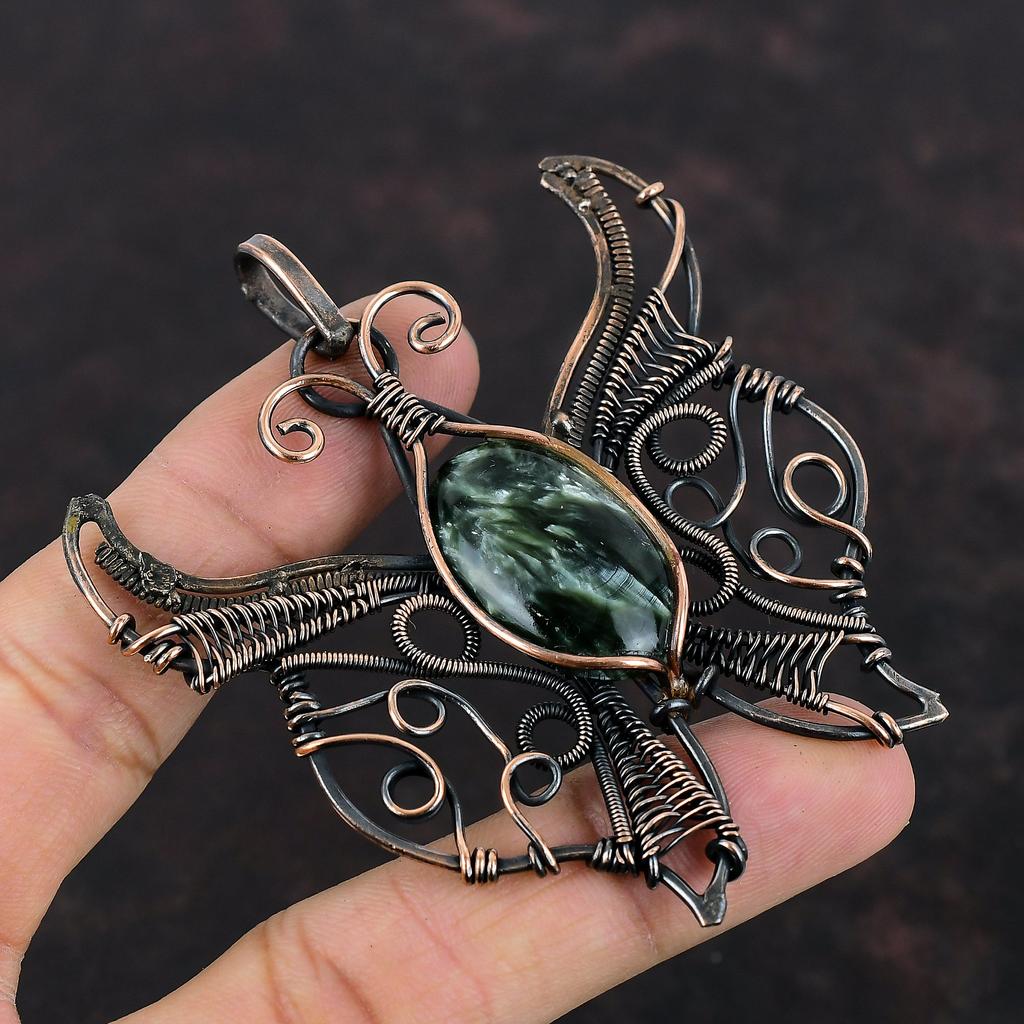 Подвеска из серафинита, медная проволочная обертка, ювелирное изделие ручной работы, кулон в виде бабочки, оригинальное ювелирное изделие из драгоценных камней, медная проволочная обертка, кулон, подарки для жены