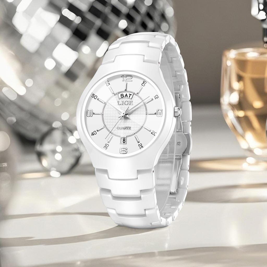 LIGE New Women's Watch Ceramic Fashion Elegant Ladies Watch Weekly Calendar Clock Watch for Women Quartz Wristwatch Lady Watch