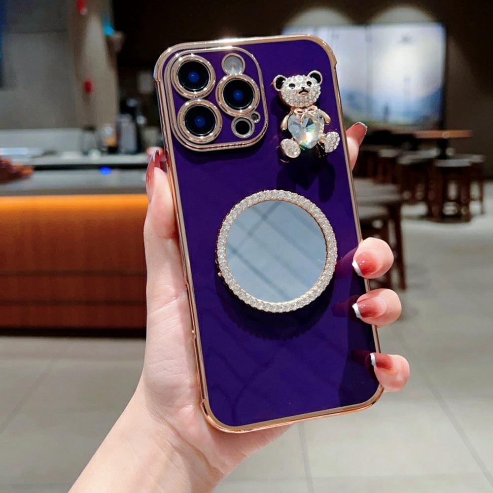 Чехол для iPhone 16 Pro с рисунком сердечек, гальванизированный ТПУ чехол для телефона с маленьким мишкой и зеркалом