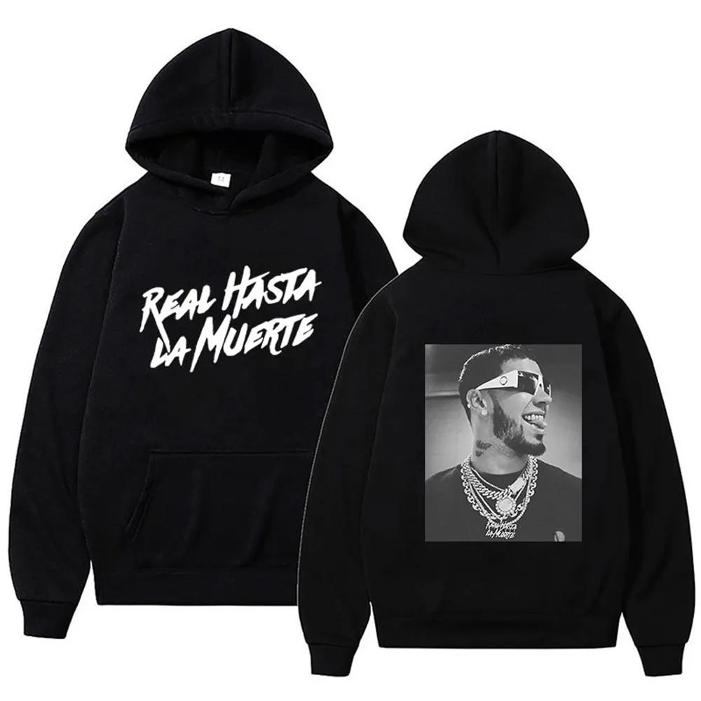 Осенние флисовые мужские толстовки с капюшоном Anuel AA Real Hasta La Muerte с принтом Толстовки в уличном стиле Свободные пуловеры в стиле рэппер Повседневные топы с капюшоном