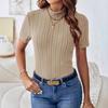 Весенне-летние однотонные полосатые вязаные топы с коротким рукавом, нишевый полувысокий воротник, облегающие женские футболки