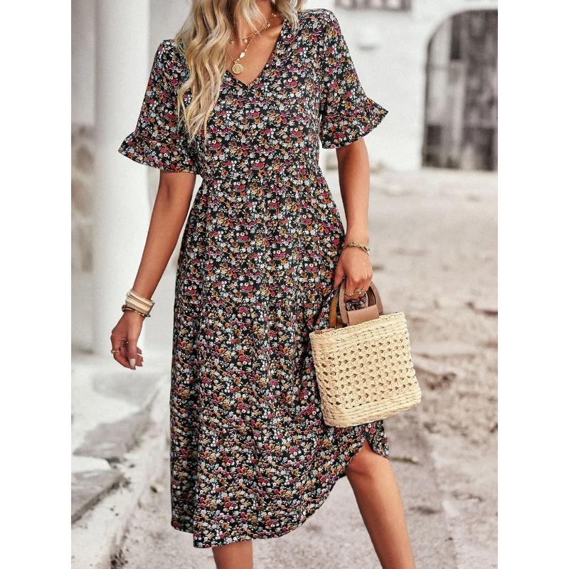 Summer Women V Neck Elegant Printed Short Sleeve High Waist A Line Floral Holiday Dress