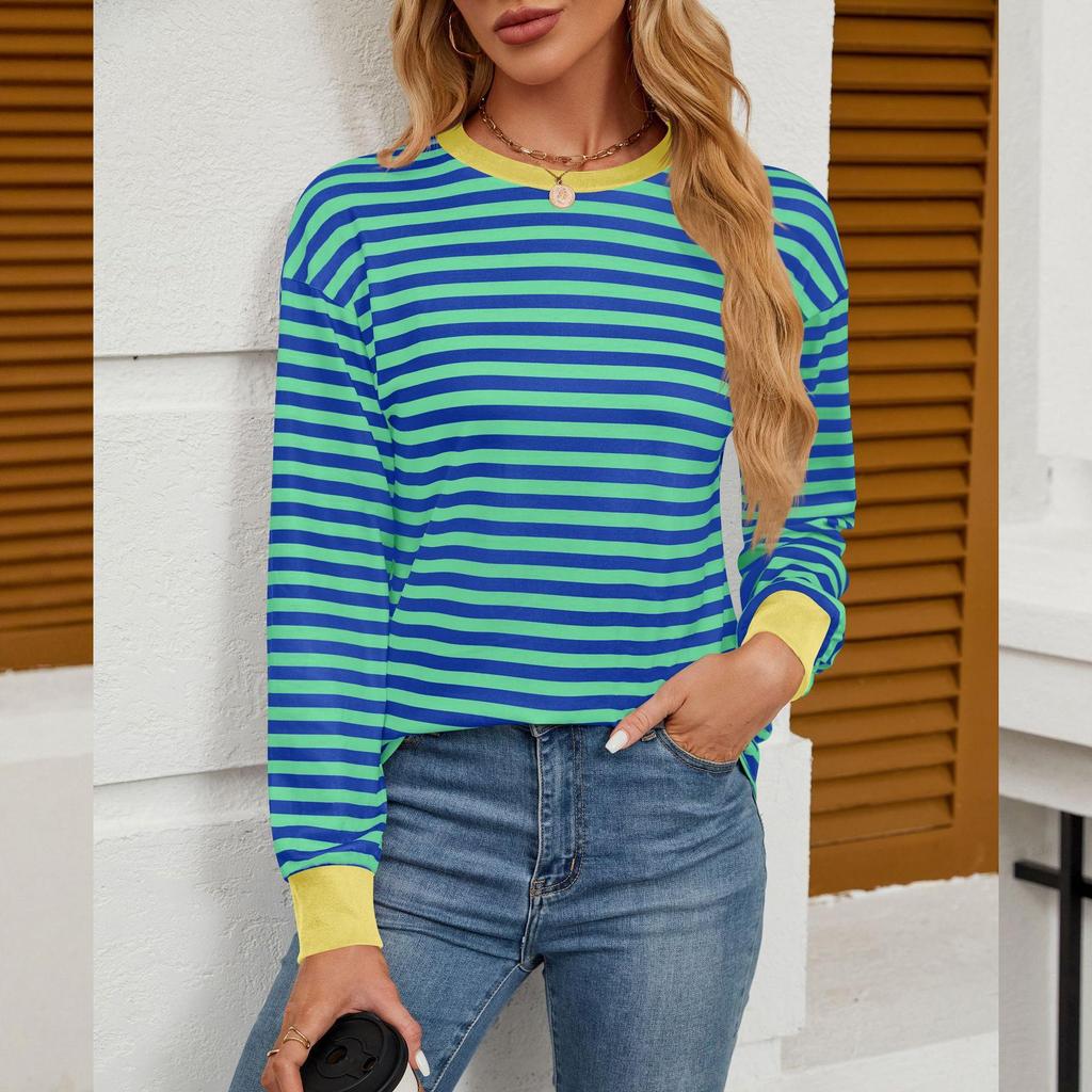 Женская нижняя рубашка осень-зима новая мода контрастного цвета свободный круглый вырез полосатый топ с длинными рукавами