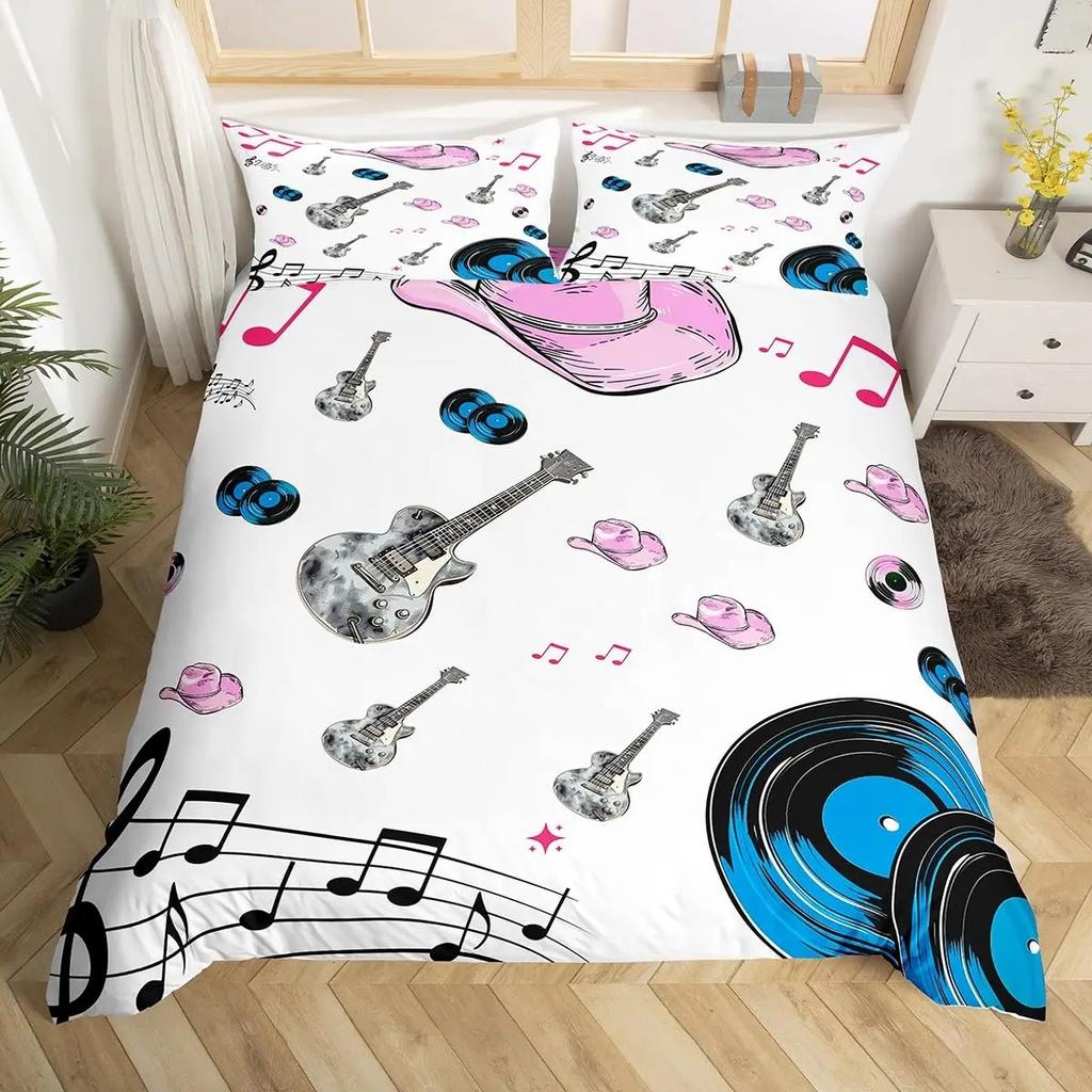 Music Guitar Duvet Cover King Queen Black White and Grey Graffiti Bedding Set Musical Notes Comforter Cover Musical Quilt Cover