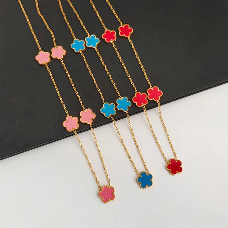 Двусторонний кулон в виде растения и цветка, серьги с цирконами, набор для женщин, нержавеющая сталь, водонепроницаемый, цирконы в виде клевера, подарки