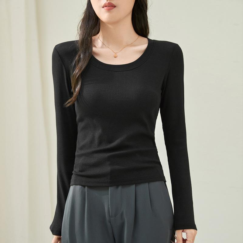 Early Autumn Women's Solid Colour Cotton Simple Inner Positive Shoulder Waist Slim Thin Long-sleeved Bottoming Shirt