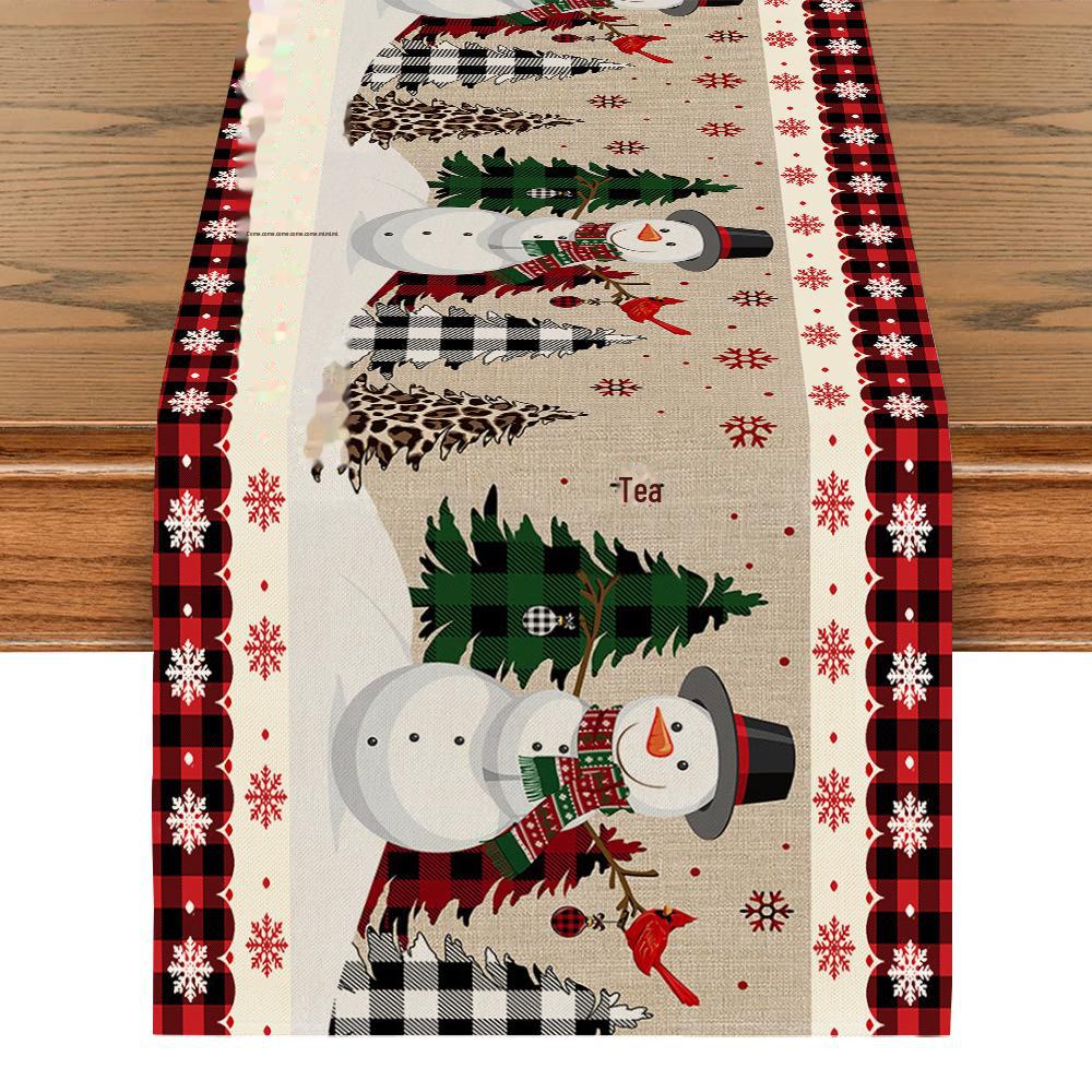 Льняной рождественский флаг для стола с принтами снеговиков и Санты - праздничные украшения для коврика на стол