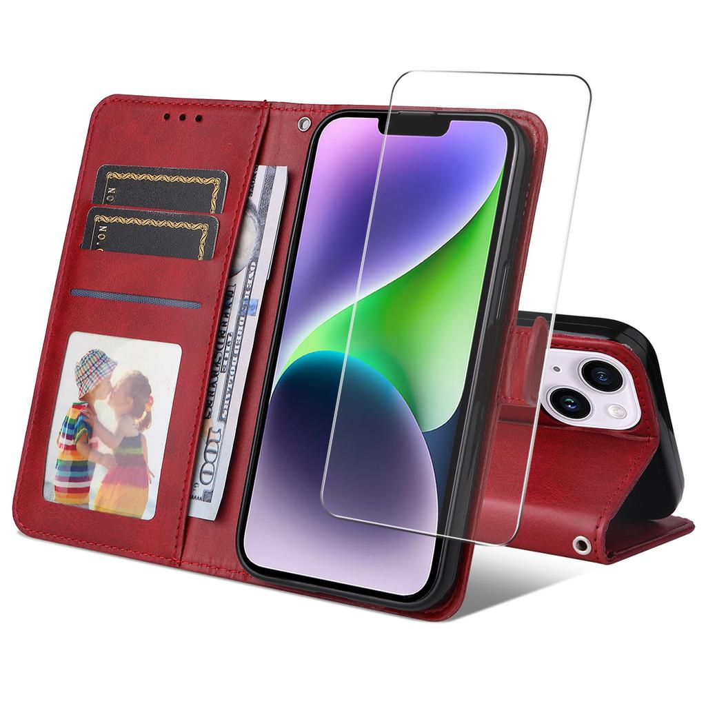 For iPhone 15 Plus PU Leather Wallet Case Phone Stand Cover with Tempered Glass