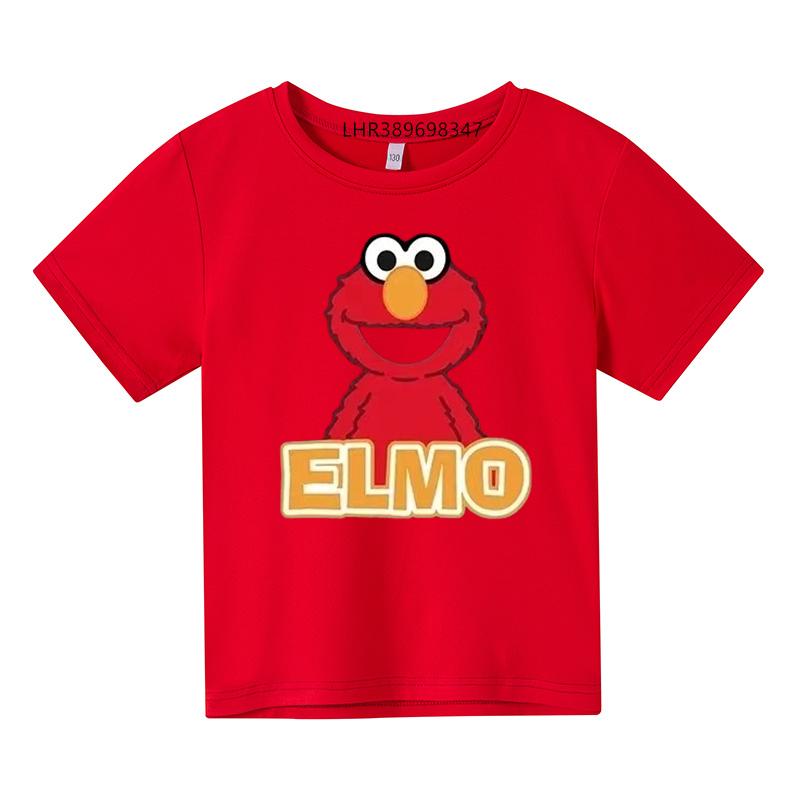 Summer Elmo TShirt For Kids Boys Black Pink Cartoon Round Neck T-shirt Short Sleeve Tops Tee Shirt Clothes Girls Toddle