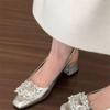 Premium Thick Heel Bag Head Sandals Rear Empty Shallow Mouth Women's Shoes Summer 2025 New Rhinestone Temperament French Single Shoes