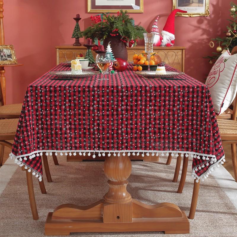 Festive Christmas Tablecloth With Gold Thread Red Plaid Tassels Decor Cotton Blend Rectangular Dining Table