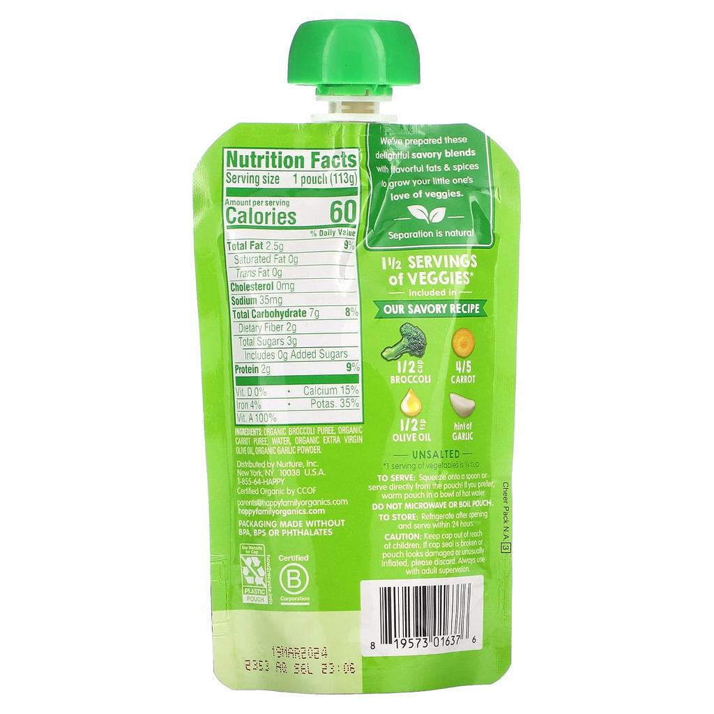 Happy Family Organics Happy Baby, Возраст 6 месяцев и старше, Органические брокколи и морковь, с оливковым маслом + чеснок, 4 унции (113 г)