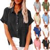 Women's Casual Fashion Cotton Linen Short Sleeve Lapel Button Down Shirt Top