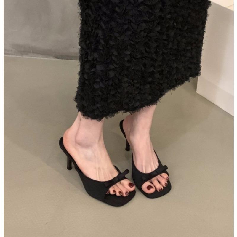 Fashion New Women's Slipper Mules Low High Heels Shoes Summer Best Street Look Females Square Head Open Toe Bow Strappy Sandals